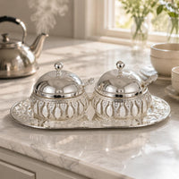 2 Pieces Condiment Holder Tray Set Floral Scrollwork Oval Tray Jar Set Embossed