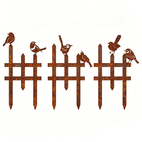 3 Pieces Three-Section Cutout Metal Picket Fence Garden Border Stake Metal Avian Silhouette Decoration