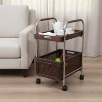 Portable Shelf Unit With Wheels 2 Tier Rolling Cart Removable Tray Wooden Serving Cart for Living Room