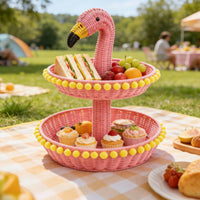 Two-Tier Fruit Basket Woven Flamingo Snack Stand Decorative Wicker Dessert Tray for Party