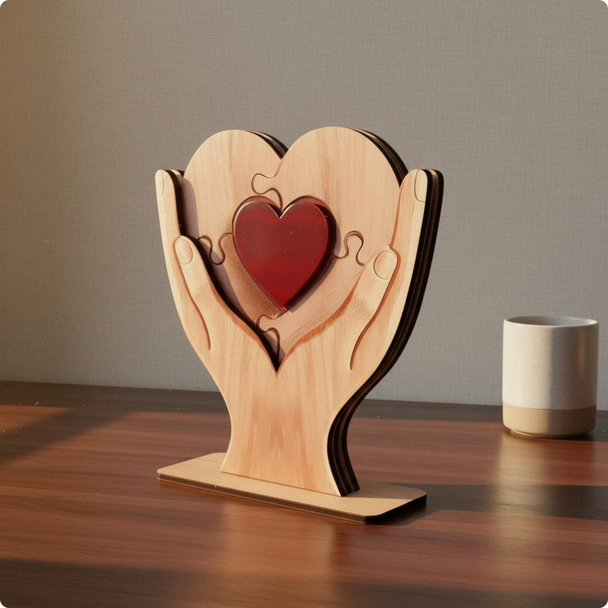 Wooden Heart Puzzle Ornament Handmade Heart Puzzle Statue Unique Grain Table Ornament for Parents, Office