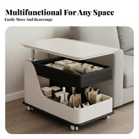 Mobile Sofa Table with Storage Lift Adjustable Surface Side Table Snack Cart C-shaped Base Sintered Stone Top Solid Wood Frame with Wheels Suitable for Adults Bedroom Living Room Home Office Compact Spaces