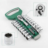 22 Pieces 72-Tooth Ratchet Wrench Tool Kit 3/8-Drive Ratchet Socket Wrench Set Curved-Handle Socket Set with Storage Rack Quick Release for Mechanics, DIYers, Car Maintenance, Garage
