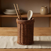 Woven Utensil Holder Iron Frame Cylindrical Utensil Holder Brown Finish Kitchen Storage
