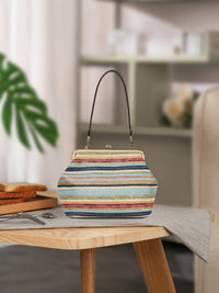 Woven Handbag with Contrast Stripes, Retro Shell Shape, Light Luxury Style