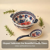 Ceramic Soup Pot, Polish Painted Floral Underglaze, Double Handle, Bohemian Style, Home Dining