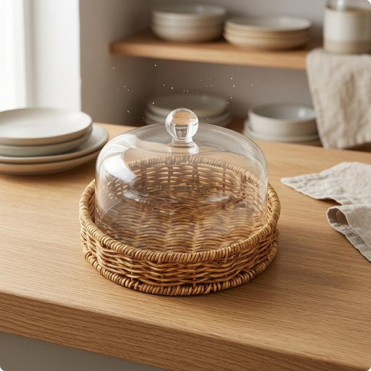 Cake Tray with Dome Domed Cover Woven Food Dome Warm Brown