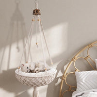 Cat Hammock Hanging Cat Chair with Cushion, Handmade Woven Macrame Basket Pet Cat Bed, Indoor Decor Fringe Suitable for Birman Cats