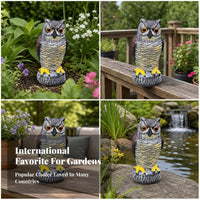 Owl Garden Statue Realistic Owl Figurine Gray and Black Feather-Textured