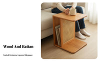 Wheeled Woven-Top End Table Japanese design Sofa Side cart Mobile Design Multi-Functional for Living Room, Entryway, Home Office