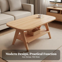 Elliptical Coffee Table Solid Wood Storage Drawers Oval Shape V-shaped Legs Space-saving Suitable for Families Living Room