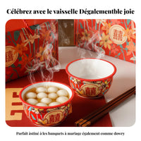 Ceramic Double Happiness Bowl Set, Red Tableware, Wedding Gift, Chopsticks & Spoon