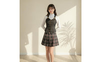 Pleated Cosplay Outfit with Vest Layered Cosplay Costume High-Neck School Outfit Sleeveless for Cosplayers