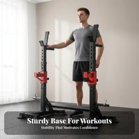 Heavy Duty Steel Construction Squat and Bench Press Set High Load Capacity Multi-Function Weight Lifting Rack Safety Spotter Arms Adjustable Squat Rack Easy Assembly for Weightlifters, Fitness Enthusiasts