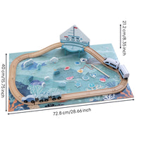 Sea-Life Ocean Track Toy Underwater Graphics Fishing Puzzle Playset Blue and Teal Wooden Train Track Set Modular Pieces for Kids