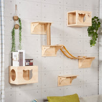 Wooden Wall-Mounted Cat Climbing Shelf with Cat House and Scratching Post