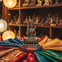 Brass Ākāśagarbha Bodhisattva Statue Collectible Akasagarbha Bodhisattva Figurine Seated Religious Sculpture Handmade for Altar