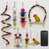 Parrot Toys 7 Piece Set, Parrot Cage Additions, Wood Parrot Climbing Toys and Parrot Gnaw Toys for Parakeets Cockatiels Enrichment