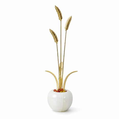 Brass Ornament with Golden Jadeite Tone Sculpture with Stone Base Contemporary Luxury for Entryway