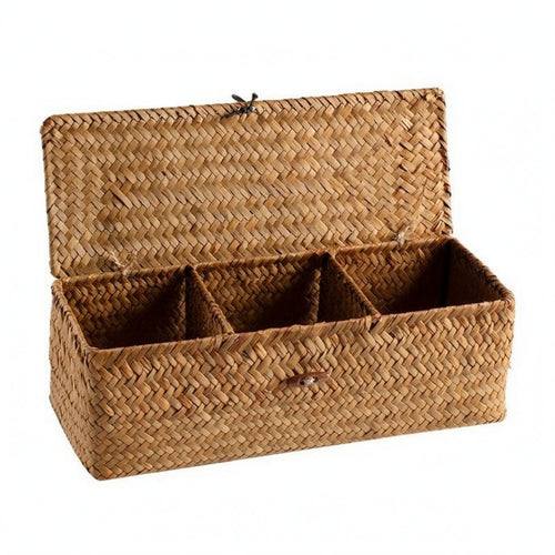 Divided Straw Organizer Three Compartments Woven Basket Rectangular