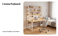 Computer Desk with Bookshelf Desk with Hutch and Pegboard Study Table Writing Desk with Integrated Shelves Solid Wood Top Steel Frame Suitable for Home Office Dorm Study Station