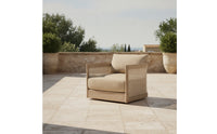 Natural Wood-Toned Wooden Armchair with Rattan Sides Woven Outdoor Sofa Chair Thick Lounge Sofa with Cushions Comfortable for Courtyard