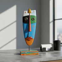 Tribal Symbol Figure Unique Gift Abstract Face Decor Hand Painted Wooden Face Carving Sculpture for Living Room
