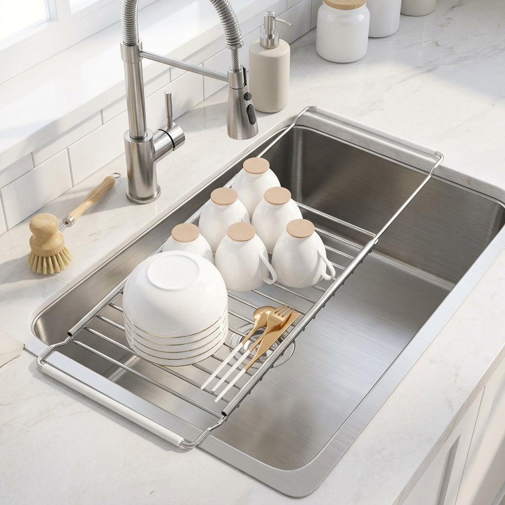 Extendable Dish Rack and Retractable Bowl Drainage Rack, Carbon Steel Dish Drainer, Space Saving Over Sink Home Storage for Various Sinks