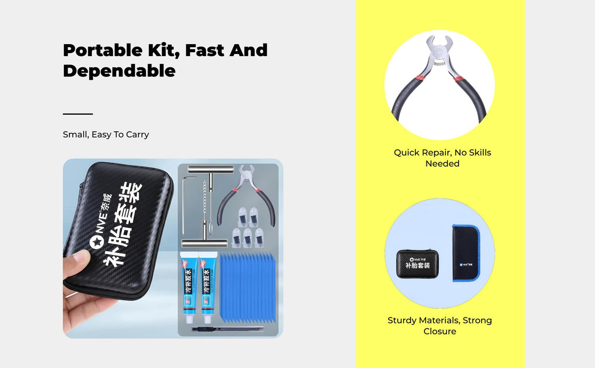 Portable Tubeless Tire Repair Kit for Motorcycle, Car, Bike