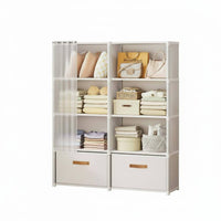 Space Saving Shelving Unit with Curtain Easy Assembly Portable Clothes Closet Large Capacity Freestanding Wardrobe with Drawers Sturdy Construction for Students, Renters, Dorm Room, Bedroom, Small Apartment