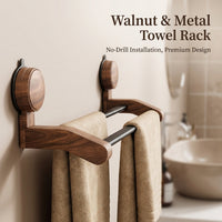 Wall Mount Rack and Towel Bar for Washroom Organization, Premium Walnut Wood Bath Holder for Small Space and Students
