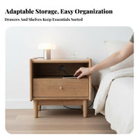 Nightstand with Rattan Drawer Nordic Design End Table sturdy Wood Legs for Adults