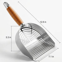 Cat Waste Scooper and Litter Sifter with Wood Handle, 304 Stainless Steel Litter Scooper for Clumping Tofu Mineral, Angled Deep Sifter Basket