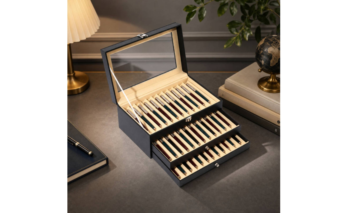 multi-Level Pen Holder Display Case Hard-Cover Organizer Rectangular for Desk Organization