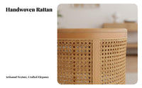 Multi-Functional Round Woven Side Table with Lid Japanese Inspired Design Round Side Table with Storage Space-Saving Organizer Basket Decorative Design for Apartment Dwellers, Homeowners, Interior Decorators, Bedroom, Living Room, Small Areas, Entryway