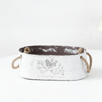 Rustic Oval Planter with Rope Handles Shabby Chic Metal Flower Pot with Bird Motif Multipurpose Metal Flower Pot with Handles Lightweight for Windowsill