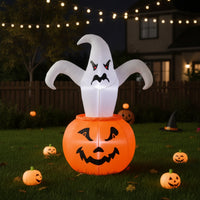 Freestanding Inflatable Ghost with Jack-O'-Lantern Lighted Inflatable Pumpkin with Ghosts Glowing Outdoor for Garden, Porch