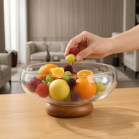 Glass Fruit Bowl with Wooden Pedestal Minimalist Glass Fruit Bowl Clear Countertop Organizer for Kitchen Counter, Dining Table
