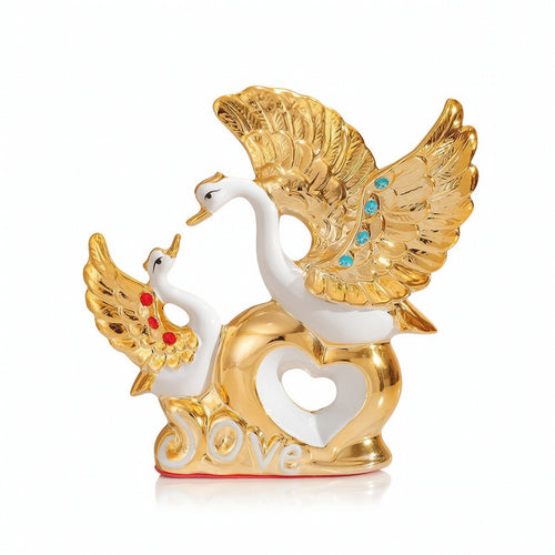 Couple Swan Statue with Golden Heart Graceful for Wedding
