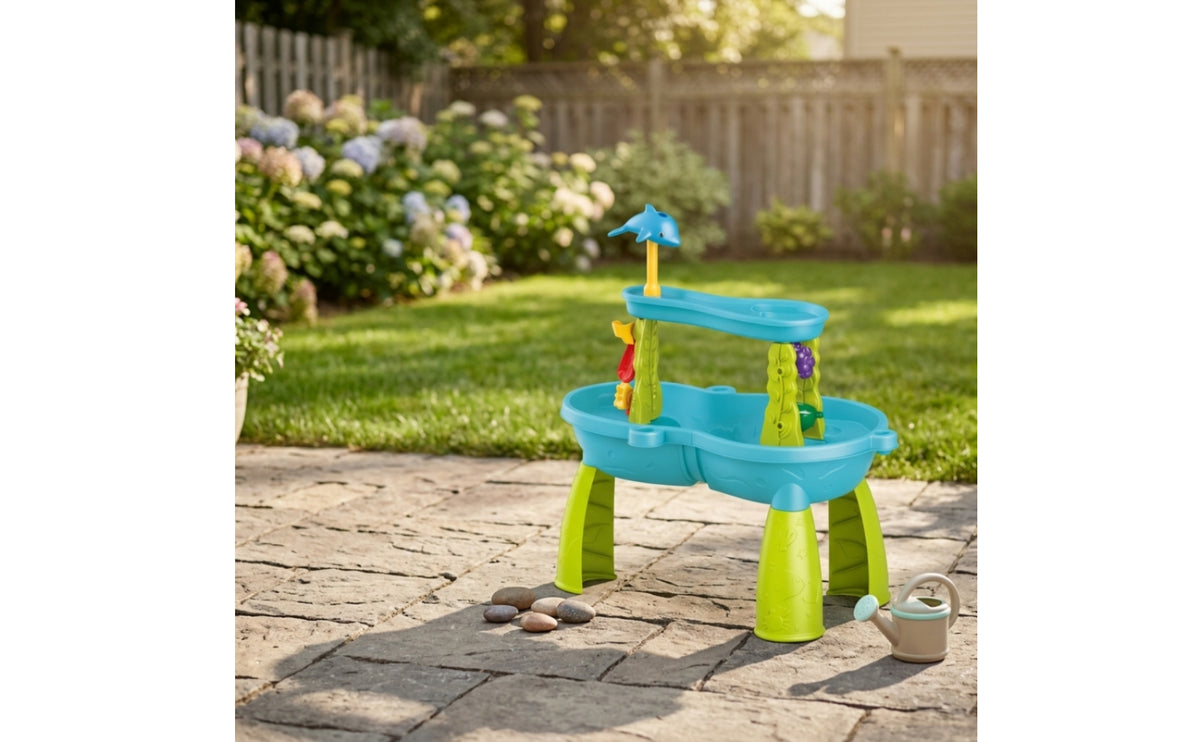 Outdoor Sand and Water Table with Toys Two-Level Beach Play Table with Pail Educational Water Playset with Accessories Easy to Clean for Backyard
