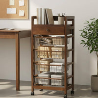 Wood Drawer Basket Trolley Brown Finish Caster Wheel Shelf Space Saving