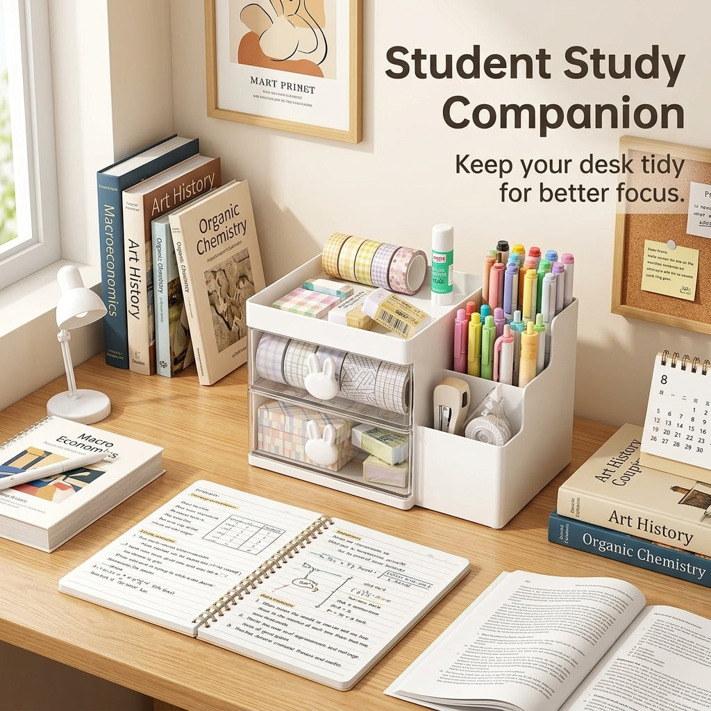 Desk Storage Organiser with Drawer, Pen Holder for Office Supplies, Desktop Drawers for Stationery, Multi Compartment Tidy