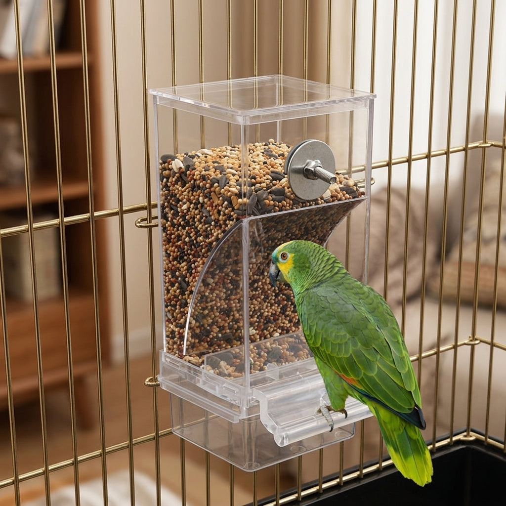Automatic Bird Feeder and Parrot Feeder with Perch, Acrylic Clean-Feeding Bird Food Dispenser