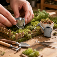 Miniature Tin Bucket and Watering Can for Diorama and Scene Decoration