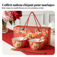 Ceramic Double Happiness Bowl Set, Red Tableware, Wedding Gift, Chopsticks & Spoon