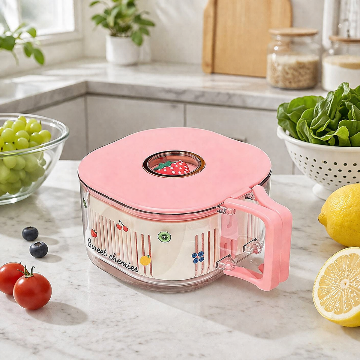 Double Layer Fruit Draining Basket, Portable Vegetable Washing Bowl with Lid, Kitchen Strainer for Washing Storing Serving Salad, Food-Grade Material
