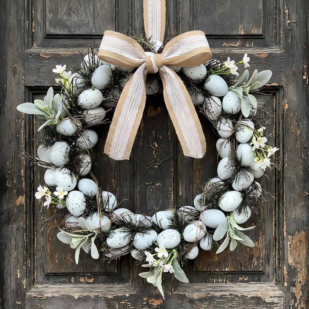 Artificial Easter Wreath Decoration 60cm Front Door Wreath Spring Wreath with Eggs for Easter Holiday Home Party Wall Decor