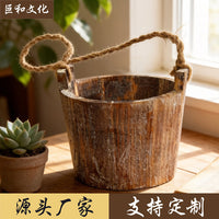 美式农村实木麻绳壁挂花盆桶多肉植物园林小水桶盆栽容器花桶