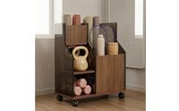 Caster Wheels Wheeled Storage Rack Open Front Exercise Mat Rack Wood Grain Exercise Storage Cabinet Compact