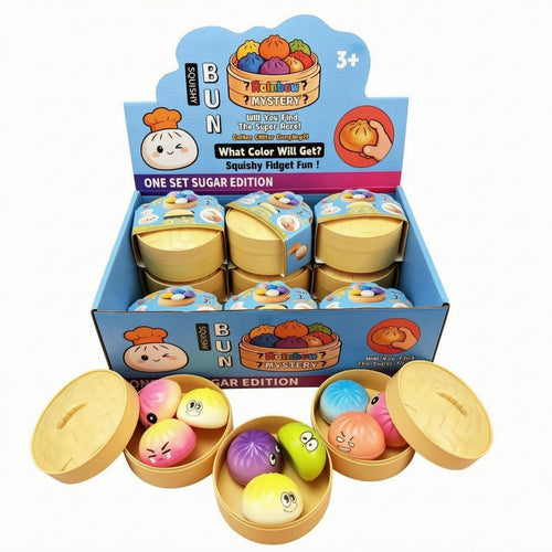 36 Pieces Slow Rebound Steamed Bun Squishy PU Round Bun Squishy Toy Cartoon Face Play Item Gold Tray